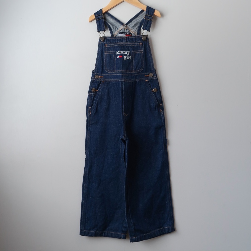 Vintage 90s Y2K Tommy Hilfiger Wide Leg Dark Wash Overalls Girls XL - Picture 2 of 9